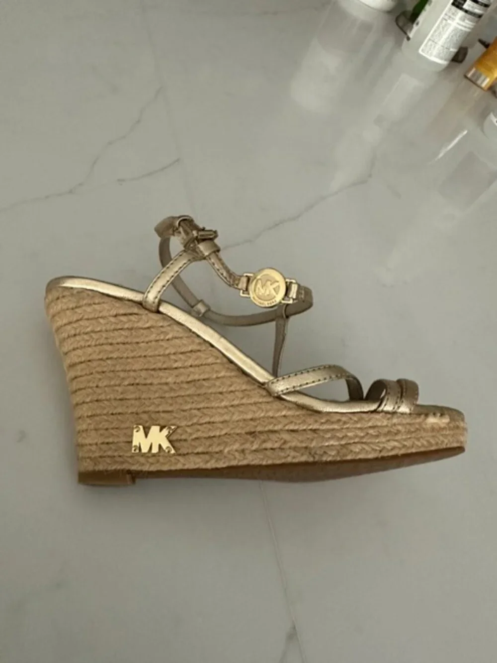 Michael Kors Beige Logo Strap Wedge Ankle Buckle Sandals